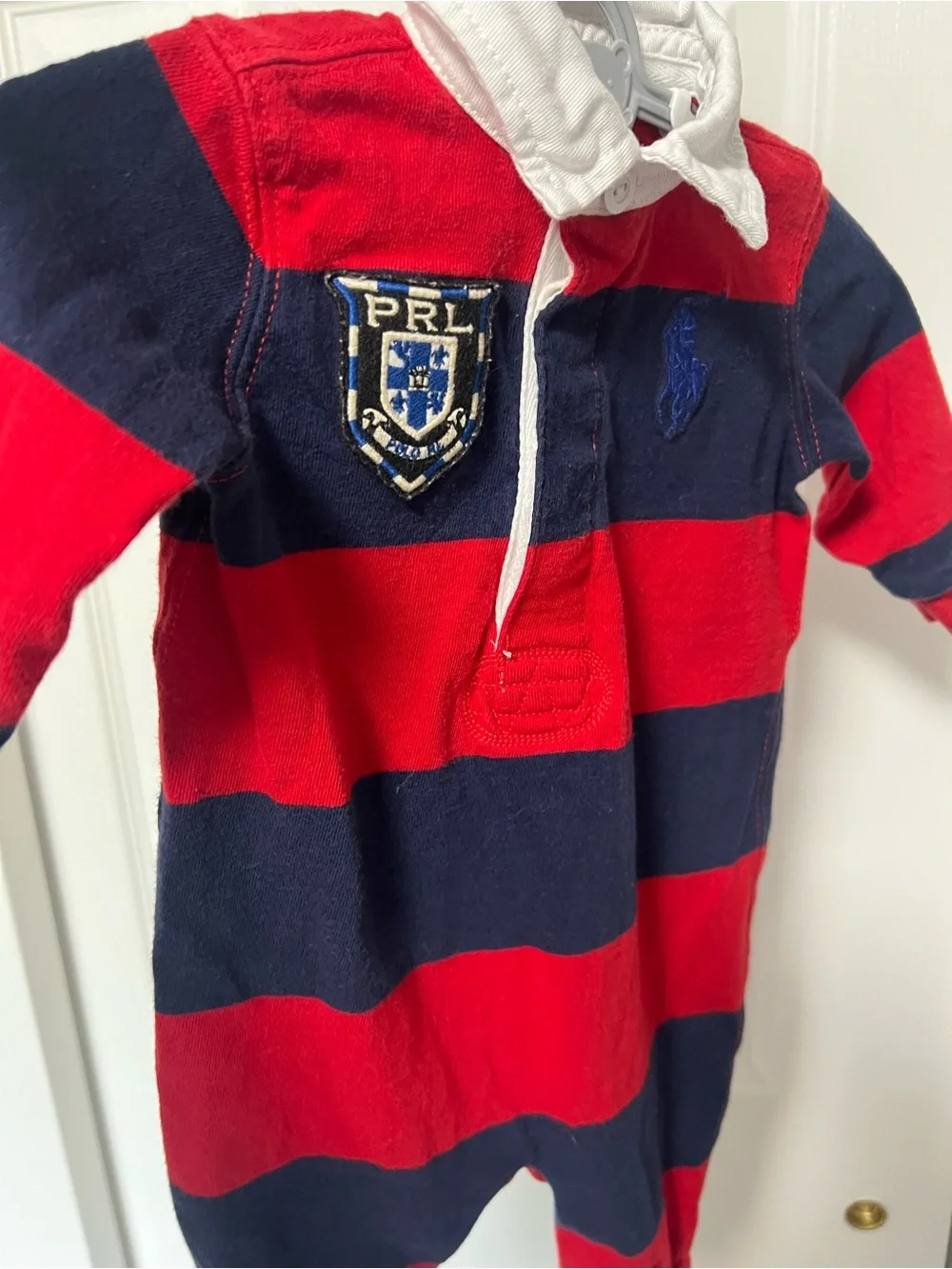 Ralph Lauren Baby Boy Red Navy Striped Rugby Romper 3M